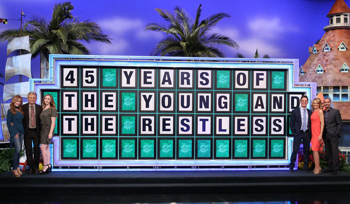 Tracey Bregman, Christian LeBlanc, Camryn Grimes, and Bryton James with Pat Sajak and Vanna White on Wheel of Fortune